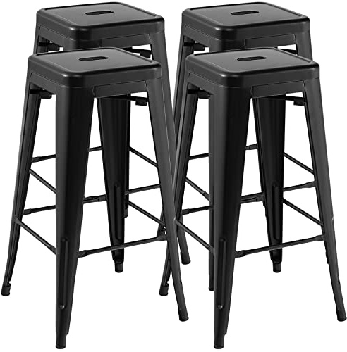 COSTWAY Barhocker 4er Set, Küchenhocker stapelbar, Tresenhocker mit Fußstütze, Bistrohocker bis 150kg belastbar, Sitzhocker, Hocker für Zuhause, Bistro und Esszimmer (Schwarz, Sitzhöhe 76cm)