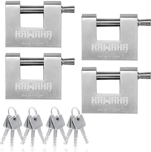 KAWAHA 71/60-4PS Candado en forma de D de acero inoxidable con llave de acero inoxidable para puerta de garaje, contenedores, cobertizo, casillero y almacén (2-3/4 pulgadas, con llave igual, paquete