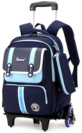 Tanou Trolley Rucksack mit Rollen 2-teilig, Langlebiger Schulranzen Trolley Jungen mit Stiftetasche, Abnehmbare Schulranzen für Kinder mit Rollen 1.-4. Klasse, 16 Zoll, Blau
