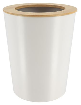 TENDANCE Poubelle de salle de bain 5L en métal Blanc avec couvercle en Bambou