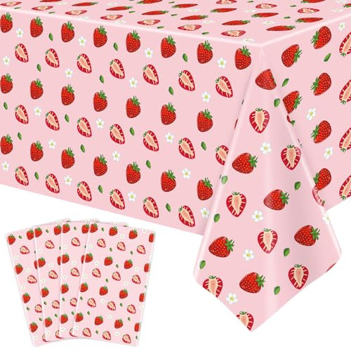 4 Stück Einweg Rosa Erdbeer Tischtuch Erdbeer Tischtuch Party Tischdecke Erdbeer Themed Tabelle Tischabdeckung Wasserdicht Tischtuch für Brautpartys Kinder Mädchen Dekorationen 130 x 220 cm