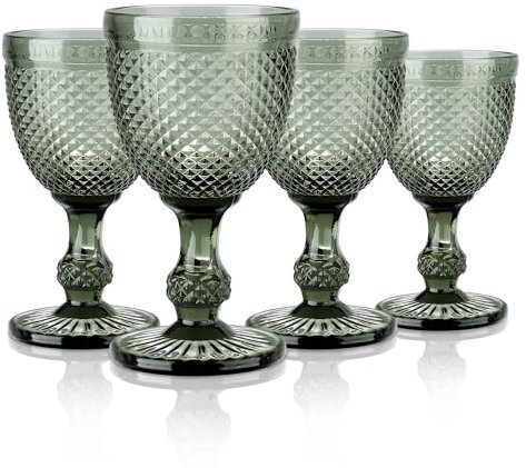 Joeyan 270ml Grau Vintage Weingläser mit Diamant Relief,Bunt Kelchgläser Weinkelch Set für Wein Saft Getränke,Set von 4 Trinkgläser Retro mit fuß, Spülmaschinenfest