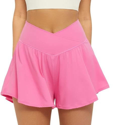 Friptspyg Shorts Sport pour Femmes Courtes V Cross Taille Haute 2-en-1 Shorts de Running D'été Tennis, Rose Rouge XL