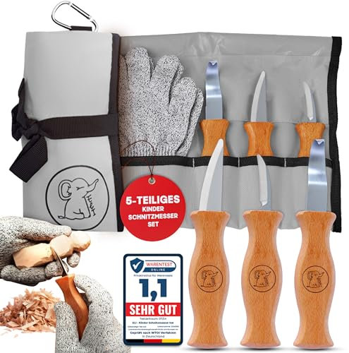 Eli® Schnitzmesser Kinder Set ab 6 Jahre - hochwertiges Kindermesser Schnitzset inkl. schnittfeste Handschuhe - Kinderschnitzmesser - Schnitzwerkzeug - Outdoor Messer