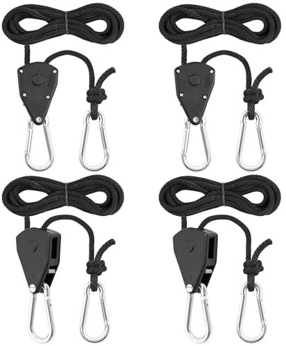4 Stück 1/8 Zoll Ratchet Hanger Heavy Duty Einstellbare Ratsche Seil Aufhänger für Pflanzen, Seilratsche Ventilatoren & Lampen, 68 kg Tragkraft pro Paar (Geknotete Version)