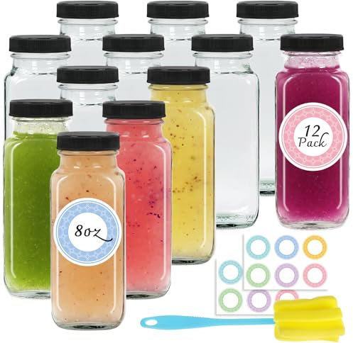 NEWMIAO 12 pack 8 oz Glass Juice Bottles with Lids, Reusable Glass Drink Bottles, 250 ml Juice Containers Drinking Jars with Brush, Water Bottles for Milk, Juicing, Kombucha, Ginger