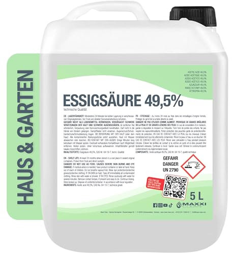 MAXXI CLEAN | 5 l Essigsäure 49,5% | Ideal als Reiniger und Entkalker | Für Haus und Garten | Essigsäure in Premium Qualität – Made in Germany