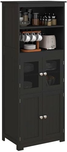 HOMCOM Alacena de Cocina Aparador de Comedor Armario de Cocina con 4 Puertas 2 Estantes Abiertos y Estante Ajustable para Salón 60x30x162 cm Negro