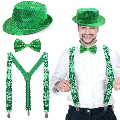 Capaneus Glitzer Outfit Herren Kostüm, Silvester Herren Outfit, Pailletten Kostüm mit Glitzer Fliege, Hut, Hosenträger, glitzer Accessoires Männer für Karneval, Halloween, Mottoparty