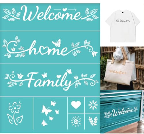 GOMAKERER 2 Stück Welcome Home Family Siebdruckschablone Schriftzug Malschablonen Vorlagen Blumen Schmetterling Wiederverwendbar Selbstklebend Siebdruck Für Wandbordüren Holz Stoff Heim Basteln Dekor
