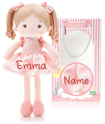 LeyaDoll Personalisierbare Stoffpuppe 40 cm, Geschenk für Mädchen ab 1 Jahr | Rosa Geschenktüte inklusive, weich & maschinenwaschbar – Kuschelpuppe als Geschenk zum Geburtstag oder zur Babyparty
