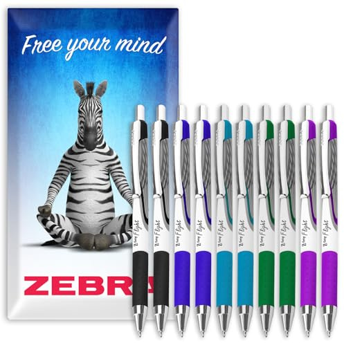 Zebra Classic Z-Grip Flight Ballpoint Pens - 1.2mm - Black, Blue, Light Blue, Green, & Violet Ink - Pack of 10 - In Envelope Gift Packaging