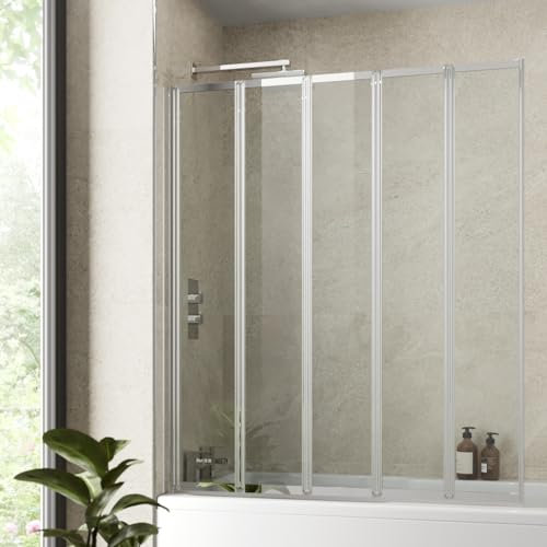 Luxura® 5 Panel 1400 x 1200mm Chrome Over Bath Shower Screen Folding Hinged Door Glass Panels & Screens for Baths, 4mm Toughened Safety Glass, 180° Pivot Swing, Reversible