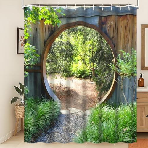 Xiaoterna Japanischer Garten Duschvorhang 3D Frühling Wald Natur Szenerie Badezimmer Vorhang Kreis Rustikales Holztor Grüne Pflanze Sonnenschein Schimmelpilzsicherer Duschvorhang 240x180cm