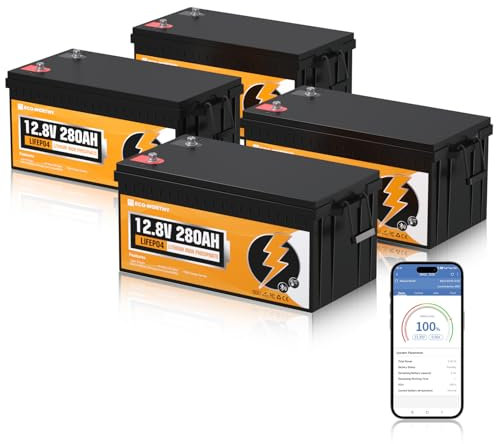 ECO-WORTHY Confezione da 4 batterie al litio LiFePO4 da 12 V, 280 Ah, con protezione BMS da 200 A, batteria al litio da 12 V, 280 Ah, per impianto solare, set completo, pannello solare