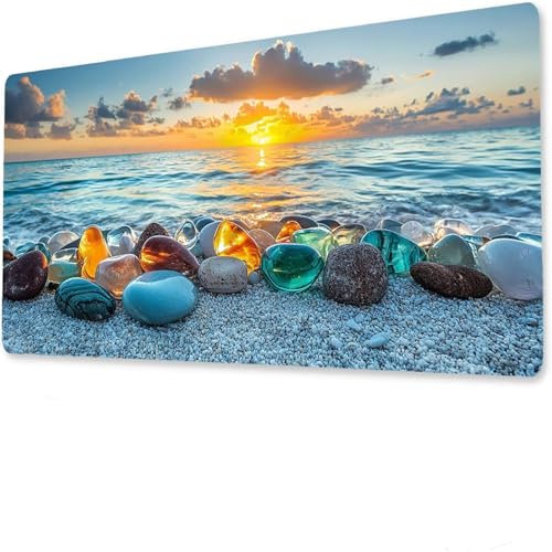 Gaming Mauspad XXL, Mousepad 600x300x4mm, Sonnenaufgangschreibtisch unterlage groß, Mit nähten, rutschfeste gummibasis, Wasserdicht und langlebig Tastatur unterlage Ozean, Geeignet für Familien T-9