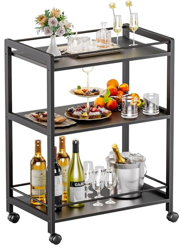 HITNET Carrello da Servizio Nero, Carrello Bar con Ruote a 3 Livelli, Carrello da Cucina, Mobile Bevande per Sala da pranzo, Soggiorno,Giardino, Festa, Pub