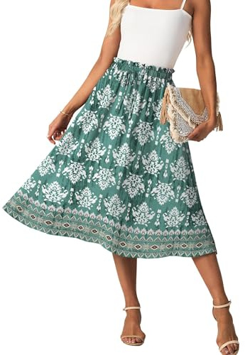 GRECERELLE Women's Summer Midi Skirt with Pockets and Elasticated Waist | Palazzo Boho Flowy Casual Skirts, Elasticated Drawstring Waist, Adjustable Tie Belt, for Vacation Holidays Styling