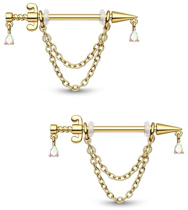 CM Crareesi Mania Nippelpiercing Schmuck Gold Dolch Brustwarzenpiercing 14G Gold Nippelpiercing Chirurgenstahl mit Baumelnd Tropfenförmig AB CZ Nippelpiercing für Frauen