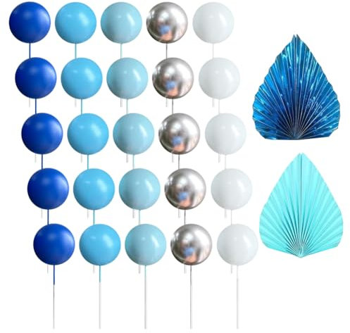 25 Pcs Blue Silver and White Cake Topper Balls Round Foam Ball Cake Toppers Balloon Cupcake Toppers Birthday Cake Topper Balloons with 4 Pcs Palm Leaf Fan Cake Toppers Palm Leaves Cake Decorations