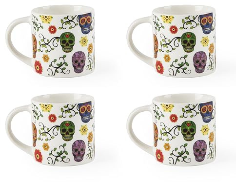 Excelsa Calavera Set aus 4 Kaffeetassen aus New Bone China, Motiv mexikanischer Totenkopf und Blumen
