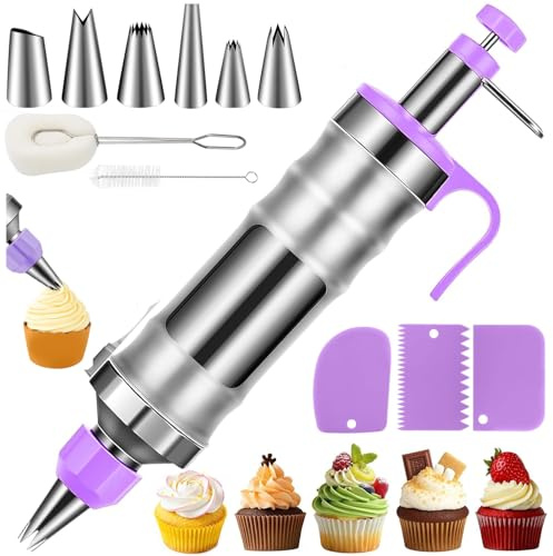 Loxiia Stainless Steel Icing Gun Set, Cake Decorating Kit with 6 Piping Nozzles, 3 Cake Scrapers & Brushes, Reusable Cake Piping Tools and Cupcake Corer Filler for Pastry Desserts(Purple)