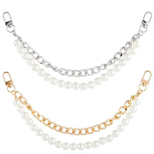SUNNYCLUE 2 Stück Taschenkette Gold, Kette Für Tasche,Perlen Taschenkette Kurz Silber Kunstperlen Perlengriff Ersatz Taschengurte Kettenverlängerung für Damen DIY Handtaschen Dekorationen Zubehör