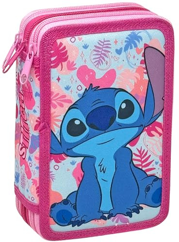 3-Fach Federmäppchen für Stitch Fan – 44-teilig, komplett gefüllt, inklusive Stifte, Bleistifte, Filzstifte, Buntstifte, Scheren – Grundschule und Geschenk – Offizielles Gadget für Kinder