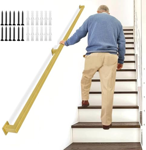 Corrimano per Scale Interne, Ringhiere per Scale Industriali, Ringhiera per Scale in Ferro per Interni, Gradini, Passamano da Parete per Gradini(Gold,240cm/7.8ft)