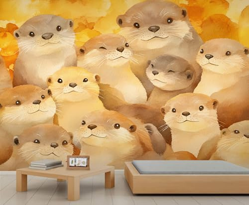 Papier peint aquarelle motif loutres d'animaux sauvages taupe pour salon, bureau - 350 x 256 cm - Grand papier peint autocollant (non autocollant)
