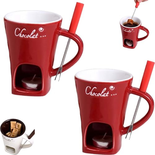 Meltie Cup, Chocolate Fondue Mugs with Forks, Chocolate Melting Mug, Mini Fondue Set, Fondue Mug Set, Tealight Candle Mini Simmer Mug for Cheese, Caramel, Tapas(Red*2)