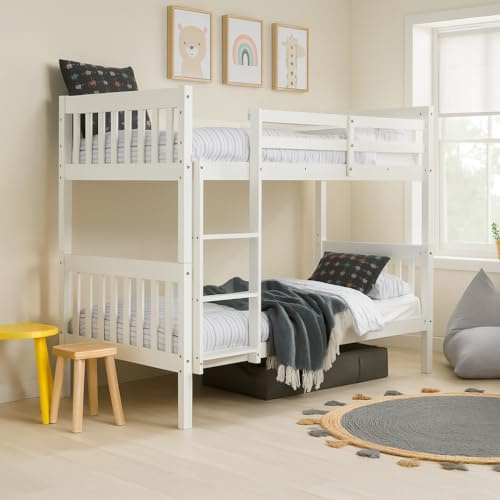 happybeds Suzie White Solid Pine Wooden Bunk Bed, 3ft Single, Frame Only | 3ft Single, Wooden Bunk Bed, Slatted Headboard, Solid Pine, Frame Only, White, Solid Slatted Base, 90 x 190 cm, Ladder