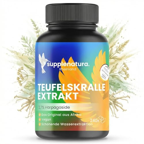 Teufelskralle Kapseln, 240 Kapseln, 1650mg pro Tag - Supplenatura® | Hochwertiger Extrakt mit 2,7% Harpagoside, Vegan, Laborgeprüfte Qualität aus Deutscher Herstellung