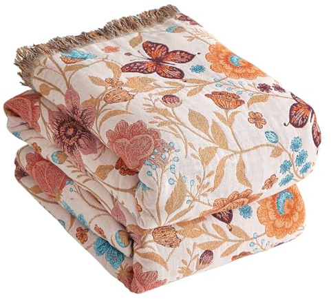 Bailix Premium Boho Tagesdecke 100% Baumwolle Kuscheldecke mit Fransen Doppelseitige Musselin Boho Decke 200x230cm, Kuschelige Sofadecke & Bettüberwurf, Sommedecke für Wohnzimmer Weiß/Marineblau