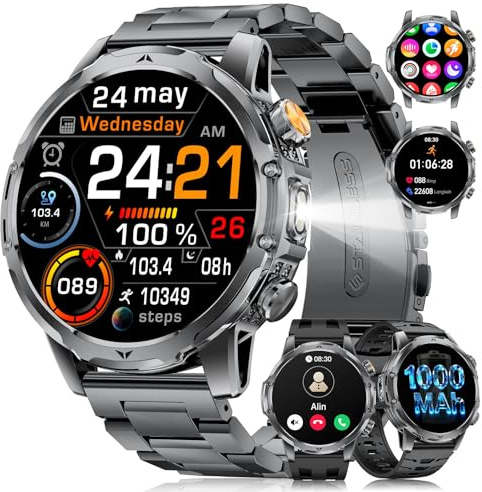 Reloj Inteligente Hombre Militar LED Linterna/1000mAh Batería/3 Correas, 1.53Smartwatch Hombre con Llamadas, 120+ Modos Deportivos, 5ATM Impermeable Pulsómetro Podómetro Android iOS Negro