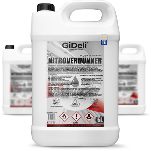 GiDeli Nitroverdünnung 3 x 5 L - Pinselreiniger für die Werkstatt | Universalverdünnung als Werkstattvorrat, wäscht Spritzgeräte aus, entfettet Bauteile