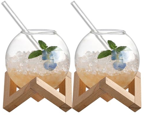 Fishbowl Glasses for Drinks, Set of 2 Spherical Glass Cups with Wooden Stand & Straws, 16 oz Clear Glass Drinking Glasses for Iced Tea, Juice, Cocktails Drink Fish Bowl