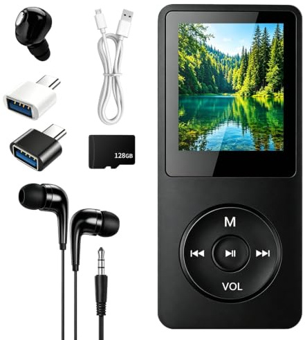 MP3 Player Bluetooth 5.3 128GB mit Lautsprecher, HiFi Musikplayer Tragbar 70H Akku, MP3 Player Sport mit FM Radio, 1,8 Zoll Display, TF Karte bis 128GB, Leicht & Kompakt