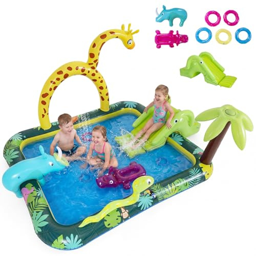COSTWAY Inflatable Play Center, Jungle Animal Spray Paddling Pool with Slide & Sprinkle, Outdoor Kids Oval Wading Swimming Pool Children Summer Water Park (208 x 178 x 138cm, Giraffe-Themed)