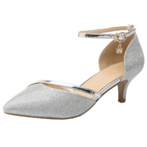 DADAWEN Women's Closed Toe Court Shoes Ankle Strap Kitten Heel Wedding Dress Pumps Silver UK 4