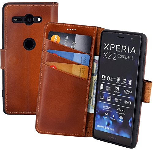 Suncase Book-Style kompatibel für Sony Xperia XZ2 Compact Hülle (Slim-Fit) Leder Tasche Handytasche Schutzhülle Case (mit Standfunktion und Kartenfach - Bruchfester Innenschale) in Burned - Cognac