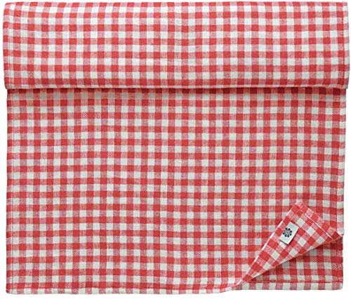 Linen & Cotton Chemin de Table à Carreaux en Tissu Coureur de Table Estella - 100% Lin, Blanc Rouge (40 x 300 cm) Long Rectangulaire Lavable Rustique pour Maison Cuisine Campagne Printemps Pâques