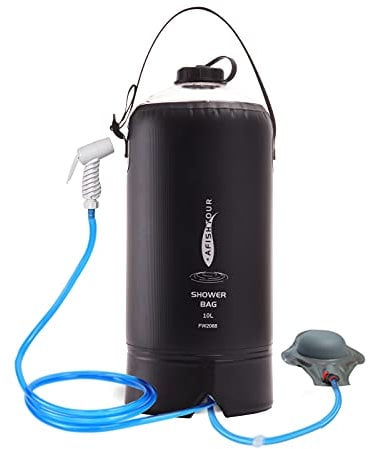 AFISHTOUR Camping Shower Bag, 10L/2.2 Gallons Waterproof Portable Outdoor Shower Sports Water Bag for Camping Traveling, Hiking, Beach Trips with Foot Pump and Shower Head Hose