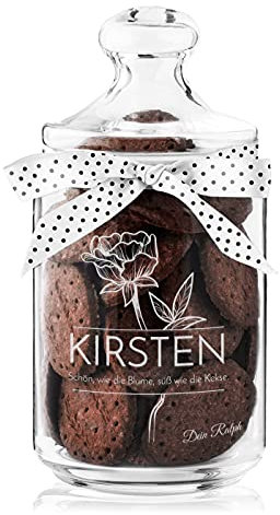 Maverton Keksglas mit Gravur - Glasbehälter mit Deckel - Bonbonglas mit eleganter Schleife - Vorratsglas personalisiert - Geschenk für Naschkatze & Hobbybäckerin Frauen - Blume
