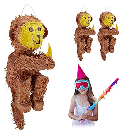 Relaxdays 3 x Pinata AFFE, zum Aufhängen, Kinder, Mädchen & Jungen, Geburtstag, Dschungelparty, zum Befüllen, Papier, braun