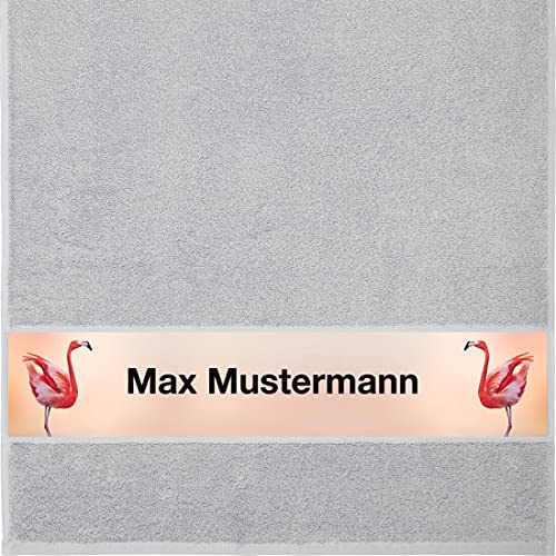 Manutextur Handtuch mit Namen - personalisiert - Motiv Flamingos - viele Farben & Motive - Dusch-Handtuch - hellgrau - Größe 50x100 cm - persönliches Geschenk mit Wunsch-Motiv und Wunsch-Name