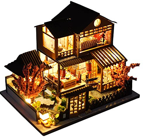 WDC Maison de poupée miniature en bois japonaise/bord de mer/marché automobile à faire soi-même, modèle 3D, cadeau créatif pour amis parents (villa de style japonais), 9,8 x 12,6 x 9,5 cm
