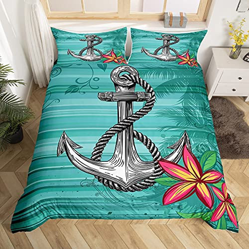 Loussiesd Anker Bettwäsche Set 155x220cm Nautisch Dekor Betten Set für Kinder Jungen Mädchen Palmblatt Blumen Bettbezug Set Ozean hawaiisch Strand Türkis Blaugrün Zimmer Dekor