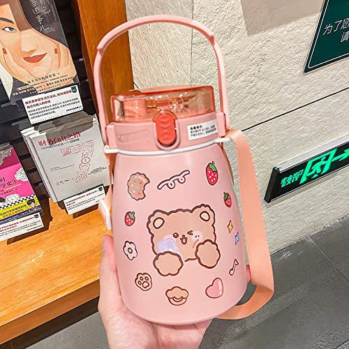 A/A Gourde Kawaii avec imprimé ours - Grande capacité - Bouteille de sport avec paille et sangle - En acier inoxydable - Rose - 850,5 g