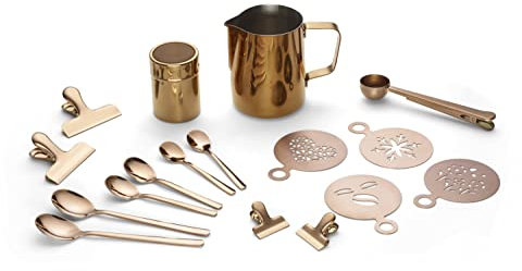 Echtwerk Kaffeezubehör-Set, 23-tlg, Milchschaumkännchen 600 ml, Kakaostreuer, 4x Espresso-, 4x Cappuccino-, 4x Latte Macchiato-Löffel, 4x Kaffeeclips, 4x Kaffeeschablonen, Kaffeemesslöffel, Kupfer
